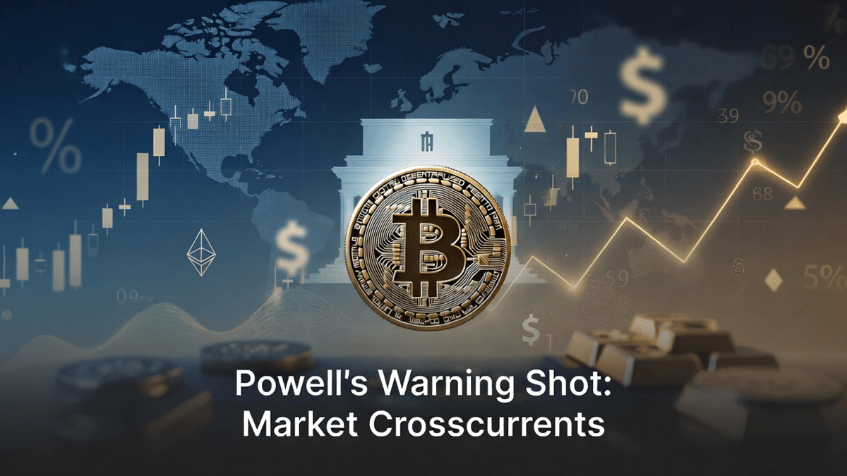 Macro-finance illustration showing Fed policy tension, market volatility, and asset rotation.