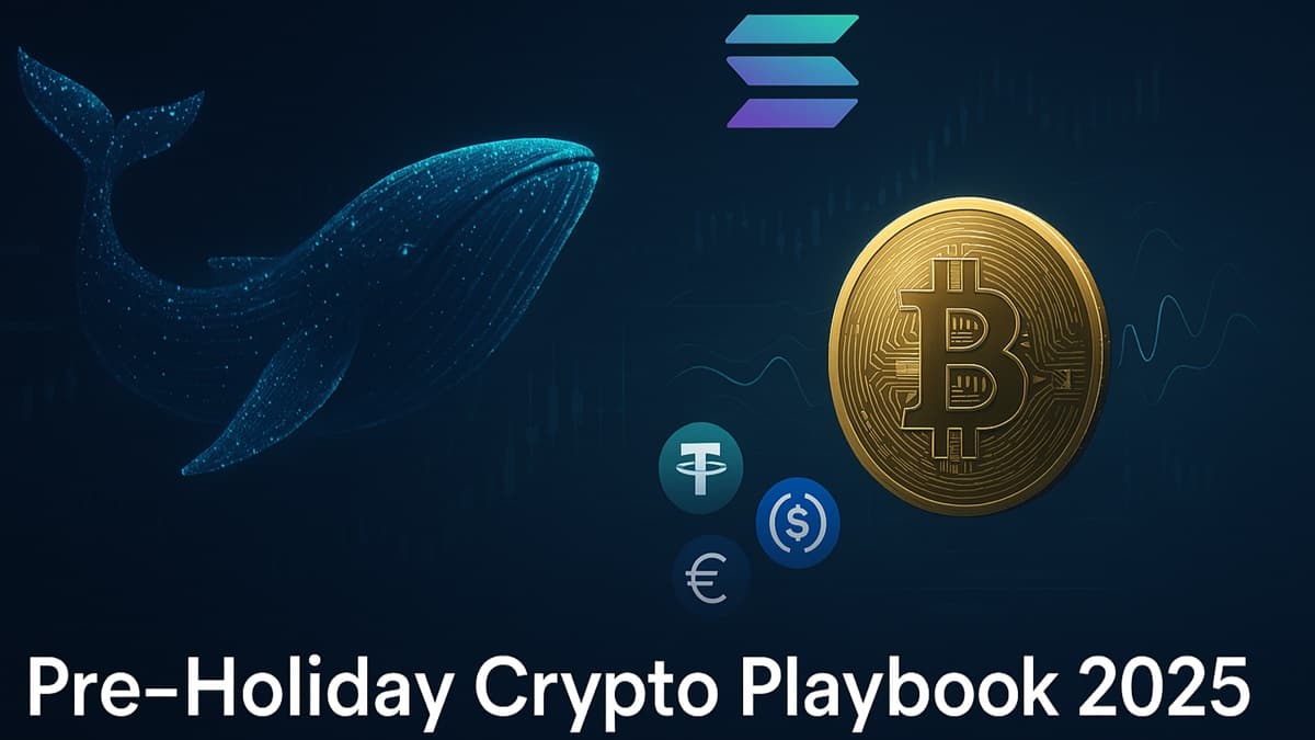 A professional crypto market illustration showing whale flows, Bitcoin volatility, stablecoin rotations, and cross-chain activity.