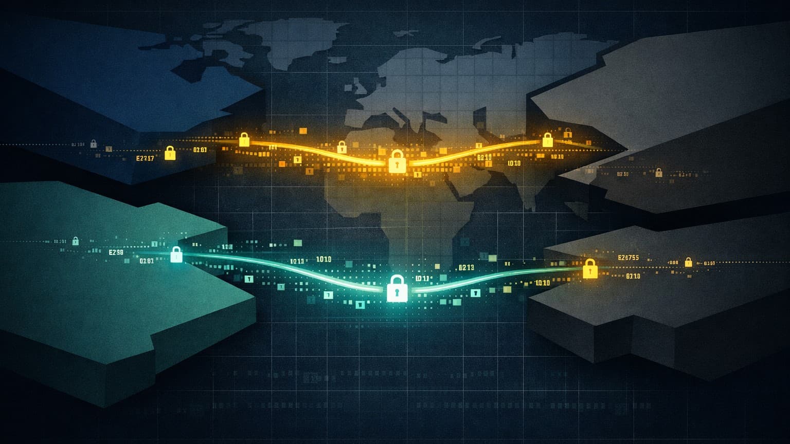 A dark editorial illustration showing fragmented regulatory zones connected by encrypted bridges of liquidity, symbolizing privacy as a competitive advantage.