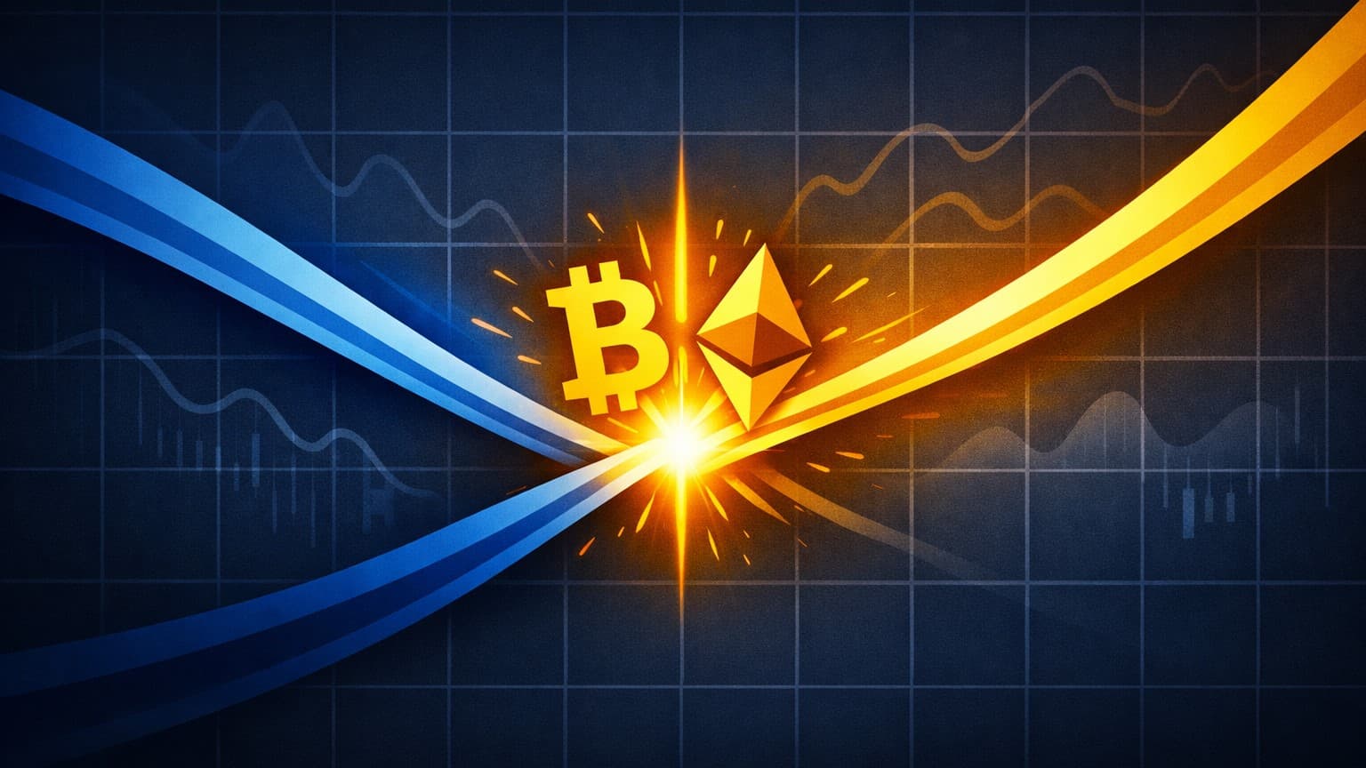 A flat editorial macro illustration showing inverted risk curves and crypto reacting first.