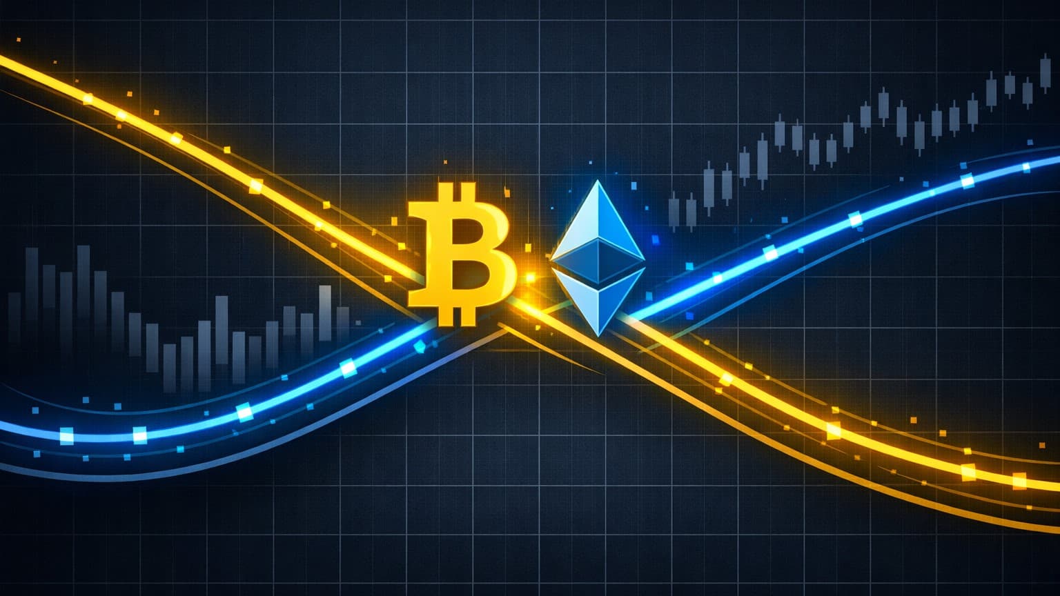 A flat 2D macro-finance illustration showing inverted risk curves crossing with Bitcoin and Ethereum symbols pulsing upward, representing crypto pricing fear in real time.