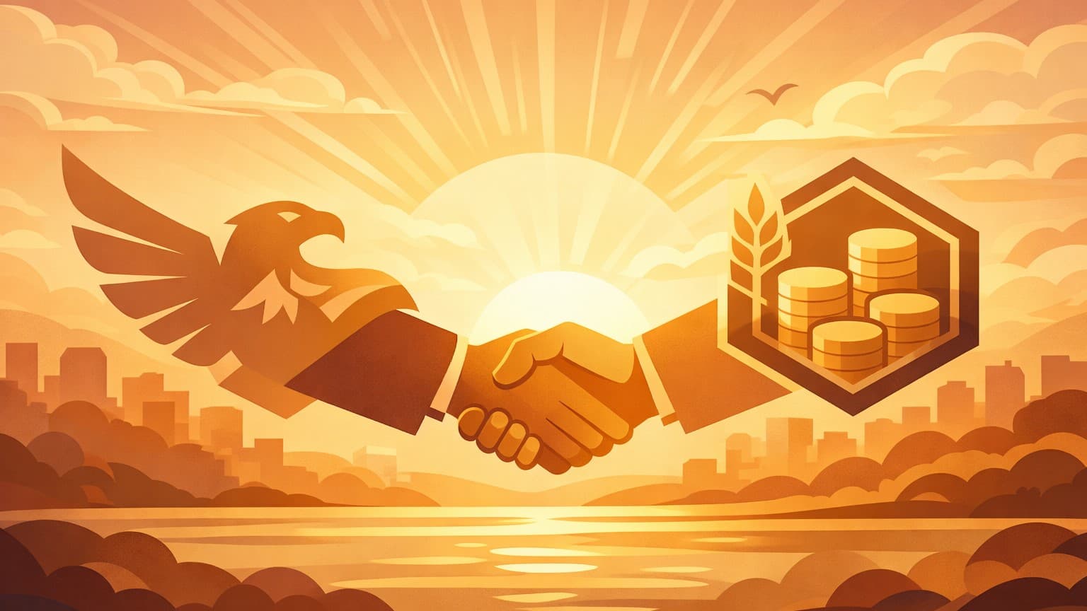 A macro‑themed 2D visual showing the SEC and CFTC aligning oversight across digital asset markets in 2026.