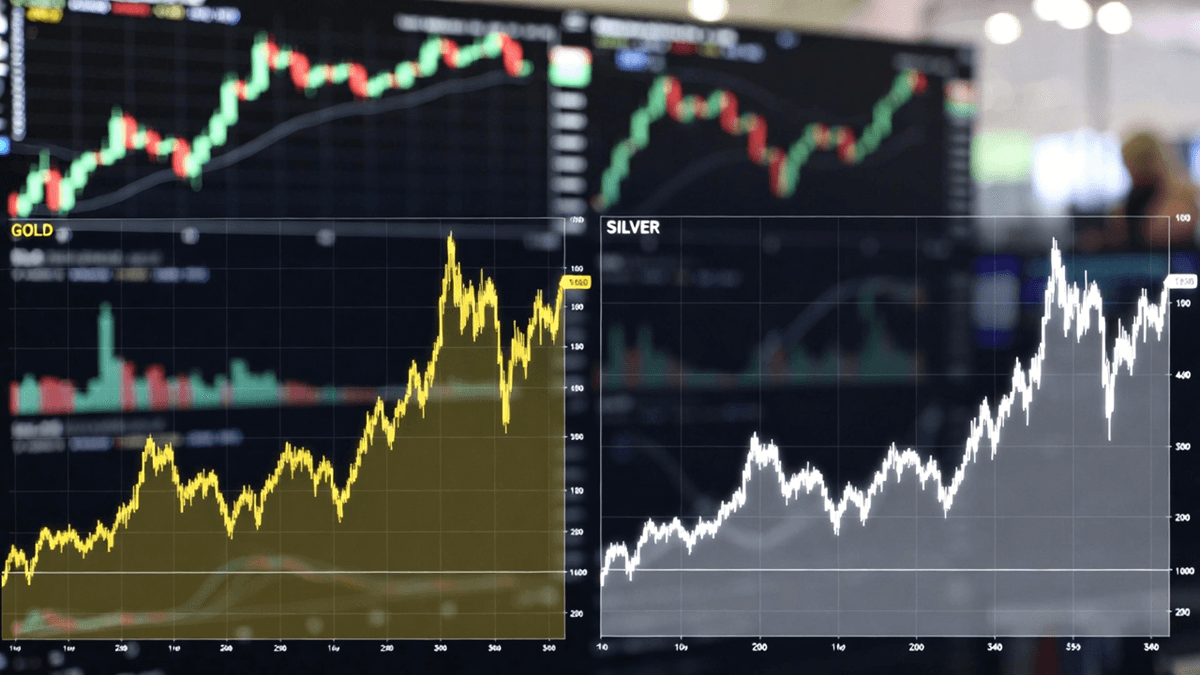 Gold and silver price charts reaching record highs amid global market uncertainty.