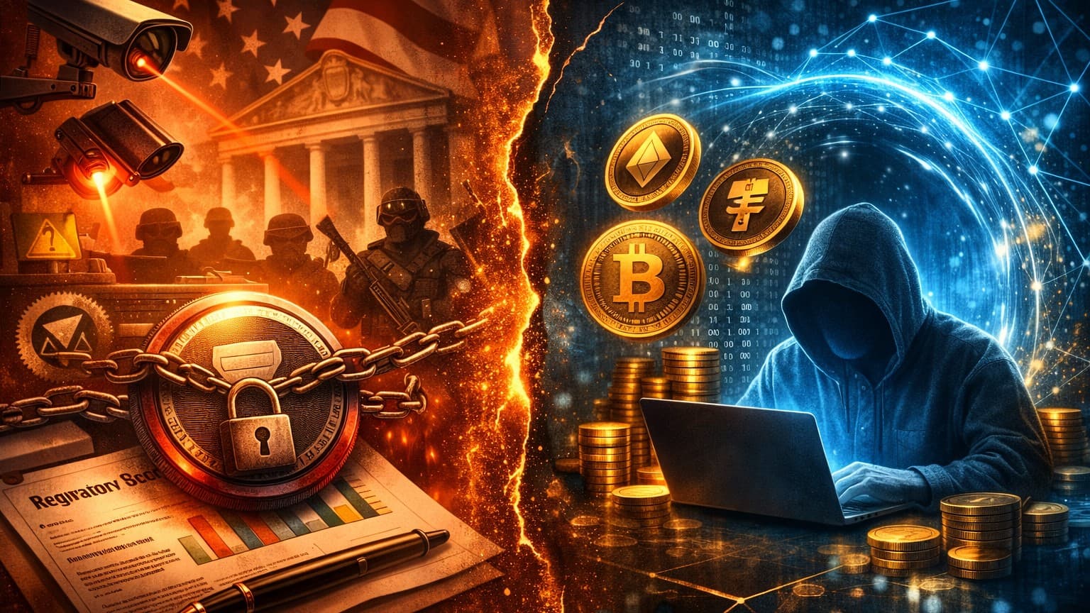 A macro‑themed visual showing global regulatory pressure on stablecoins contrasted with private, non‑custodial crypto liquidity flows.
