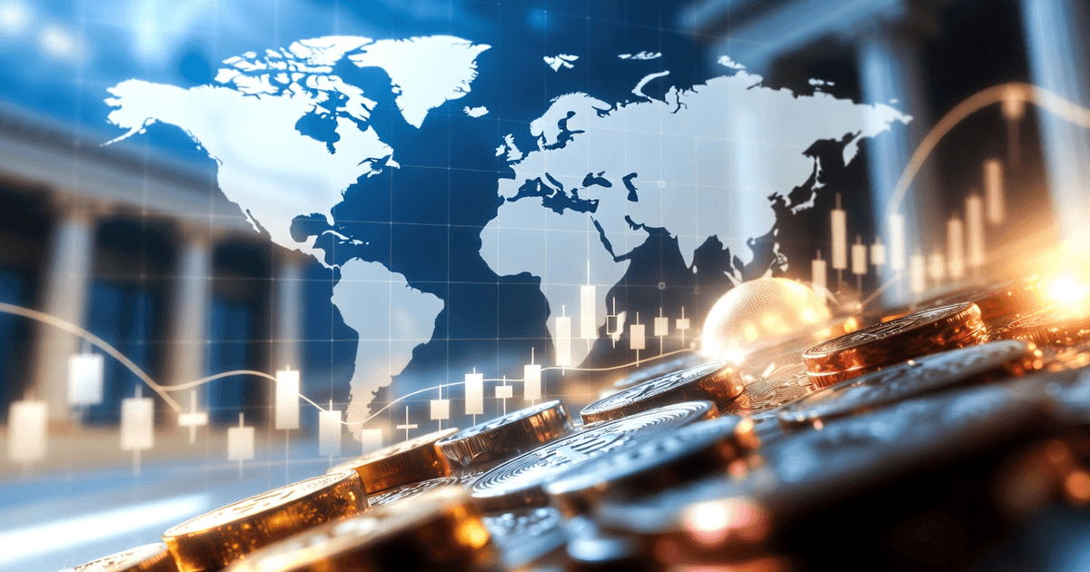 A macro‑themed image showing global markets reacting to inflation, dollar strength, and Bitcoin after a major tariff ruling.