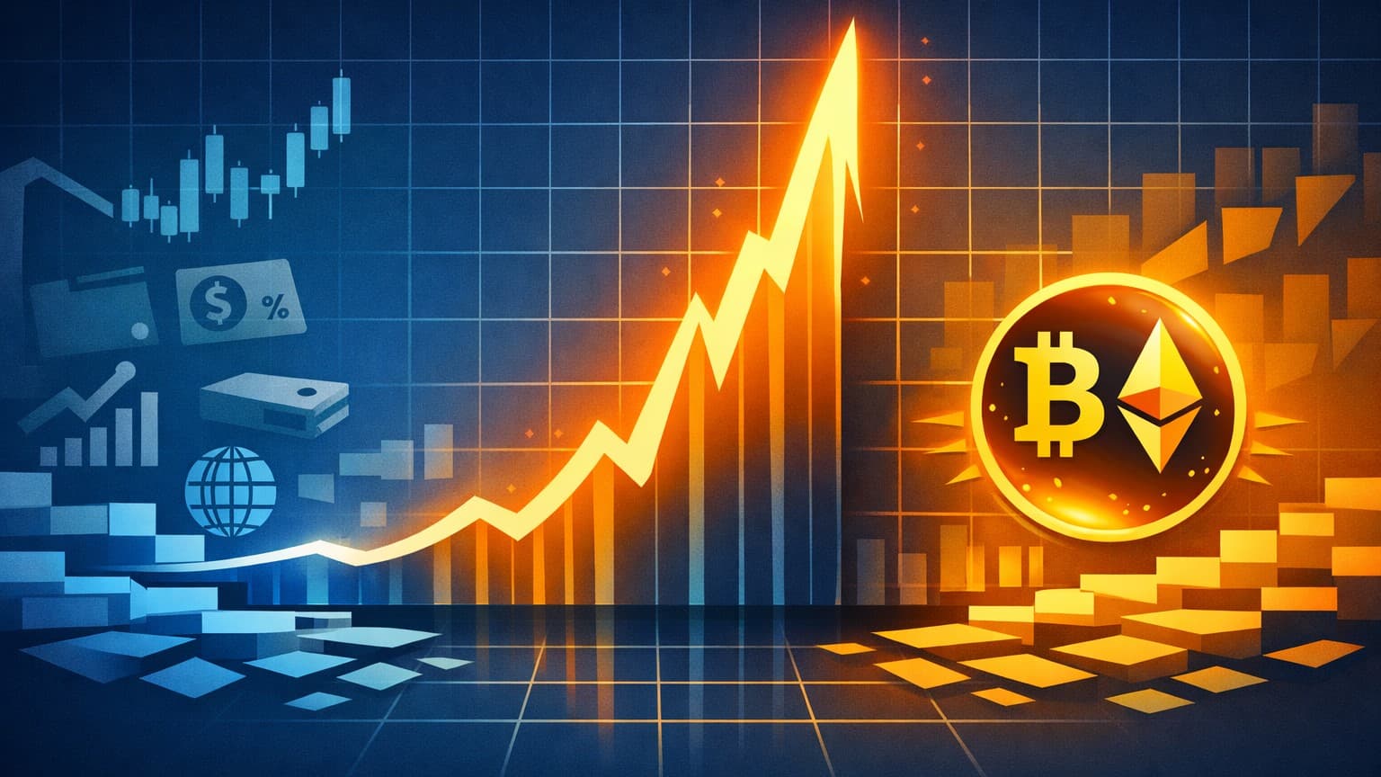 A flat editorial macro illustration showing rising volatility and crypto repricing risk in real time.