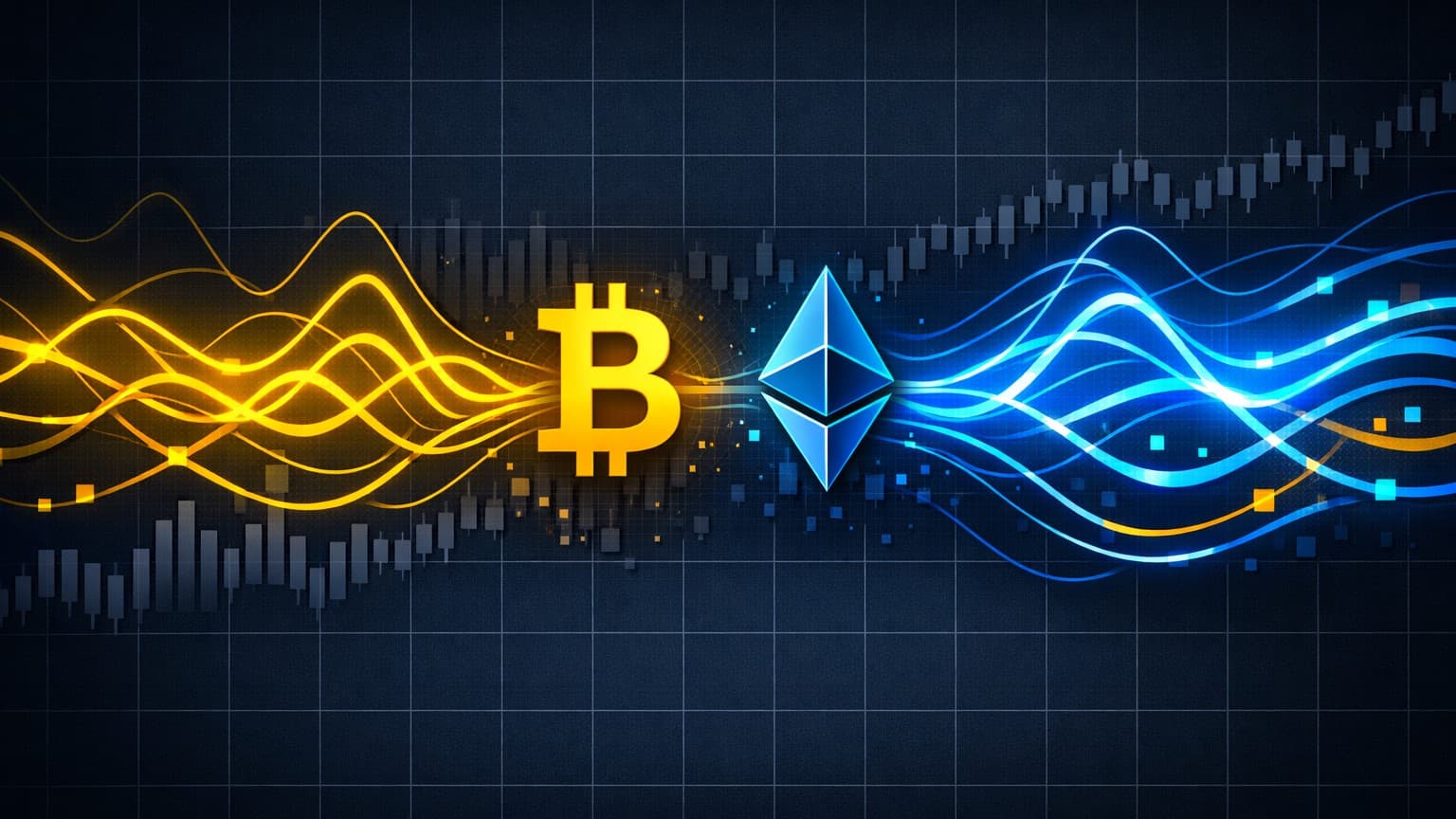 A 2D macro-finance illustration showing volatility waves radiating from Bitcoin and Ethereum symbols, representing crypto as the global risk barometer.
