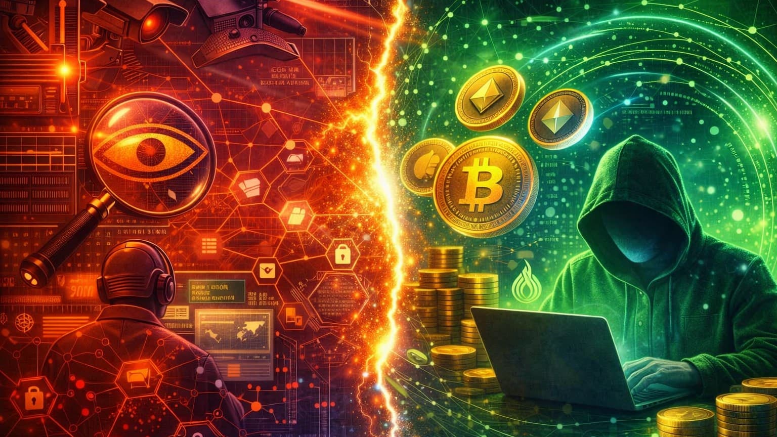 A macro‑themed visual showing the rise of wallet surveillance contrasted with private, non‑custodial crypto liquidity flows.